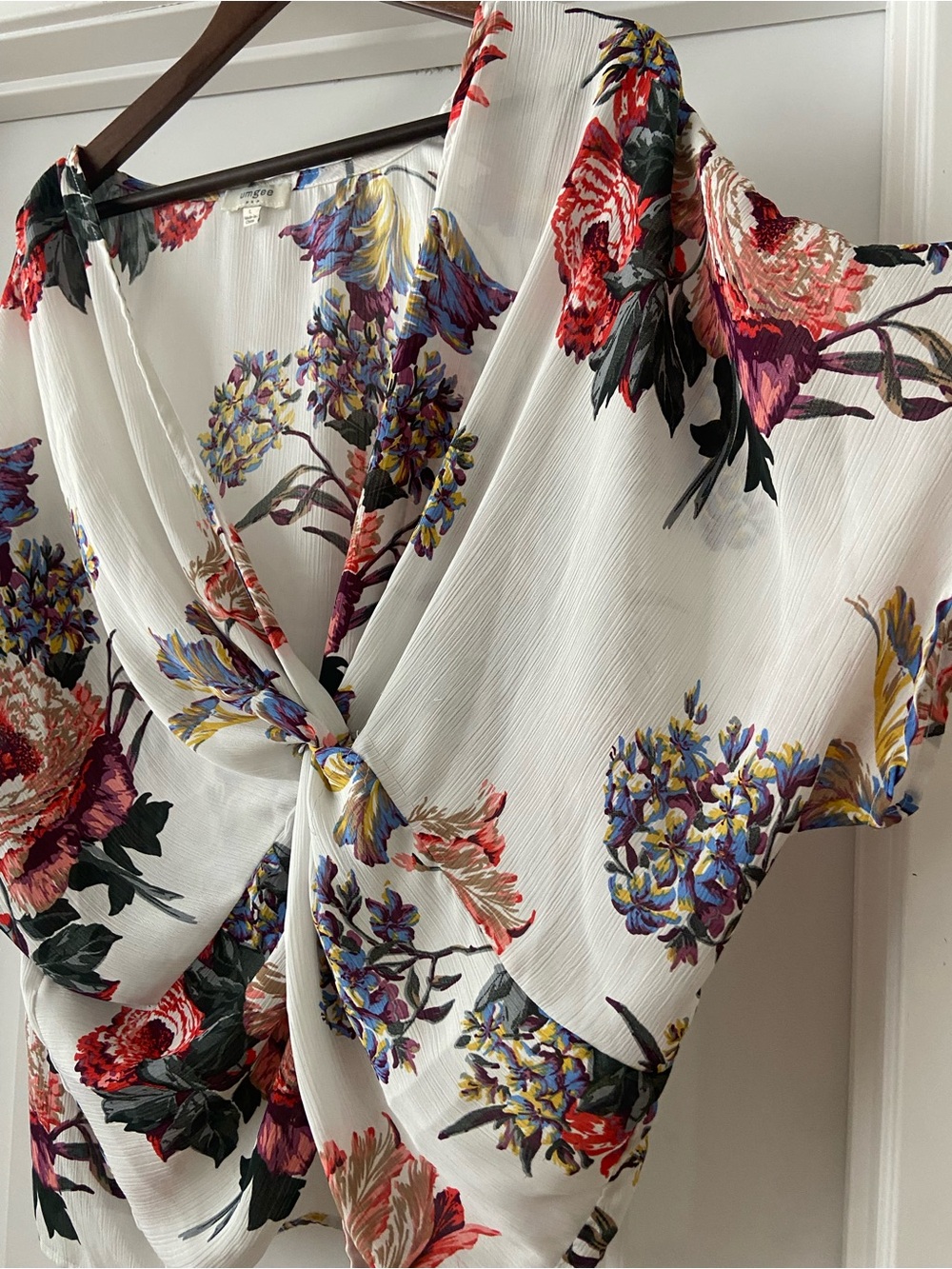 Umgee Floral Tie-Front Women’s Top - White with Red & Purple Blooms - Picture 4 of 5